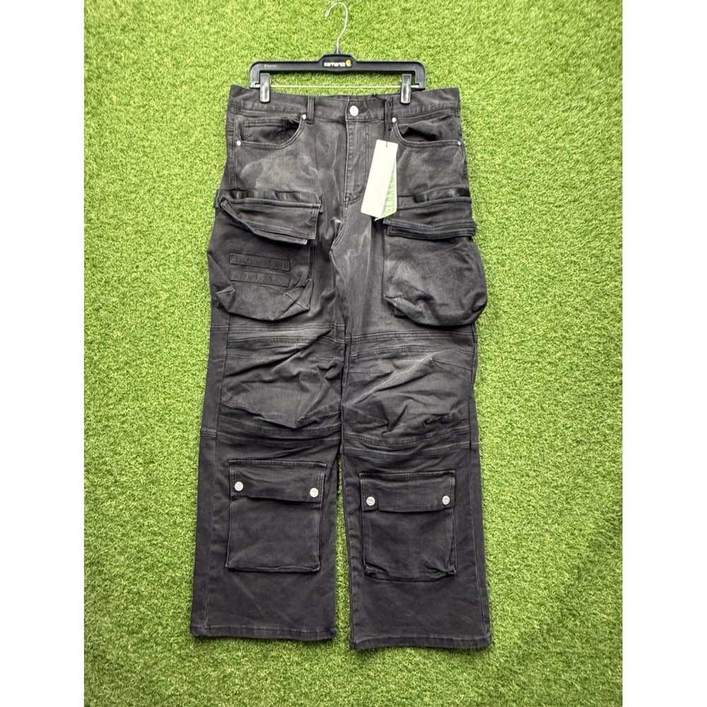 First Row Denim Cargo Pants Jeans Mens 34x32 Baggy Wide Leg Y2K Rave Skater